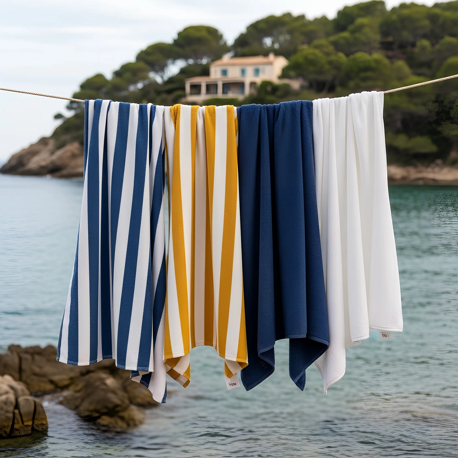 Serviettes Sulla Spiaggia, couleur Bleu Signature, Sable Clair, Rayure Marine, Rayure Solaire. Bleu Soleil, l'esprit Méditerranée.