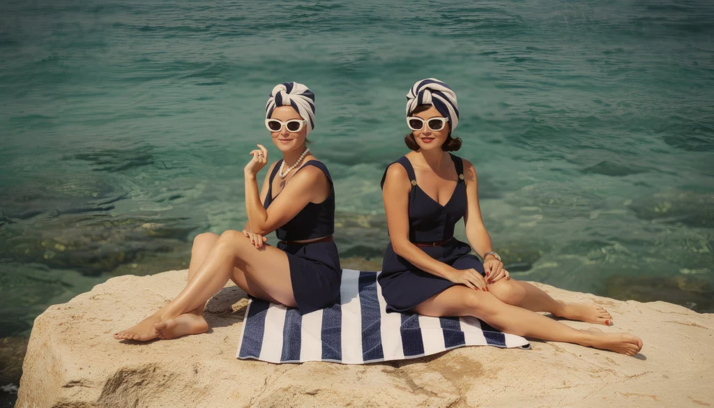Deux femmes en tenues de bain rétro bleu marine avec des serviettes rayés Bleu Soleil, assises sur un rocher face à la mer.