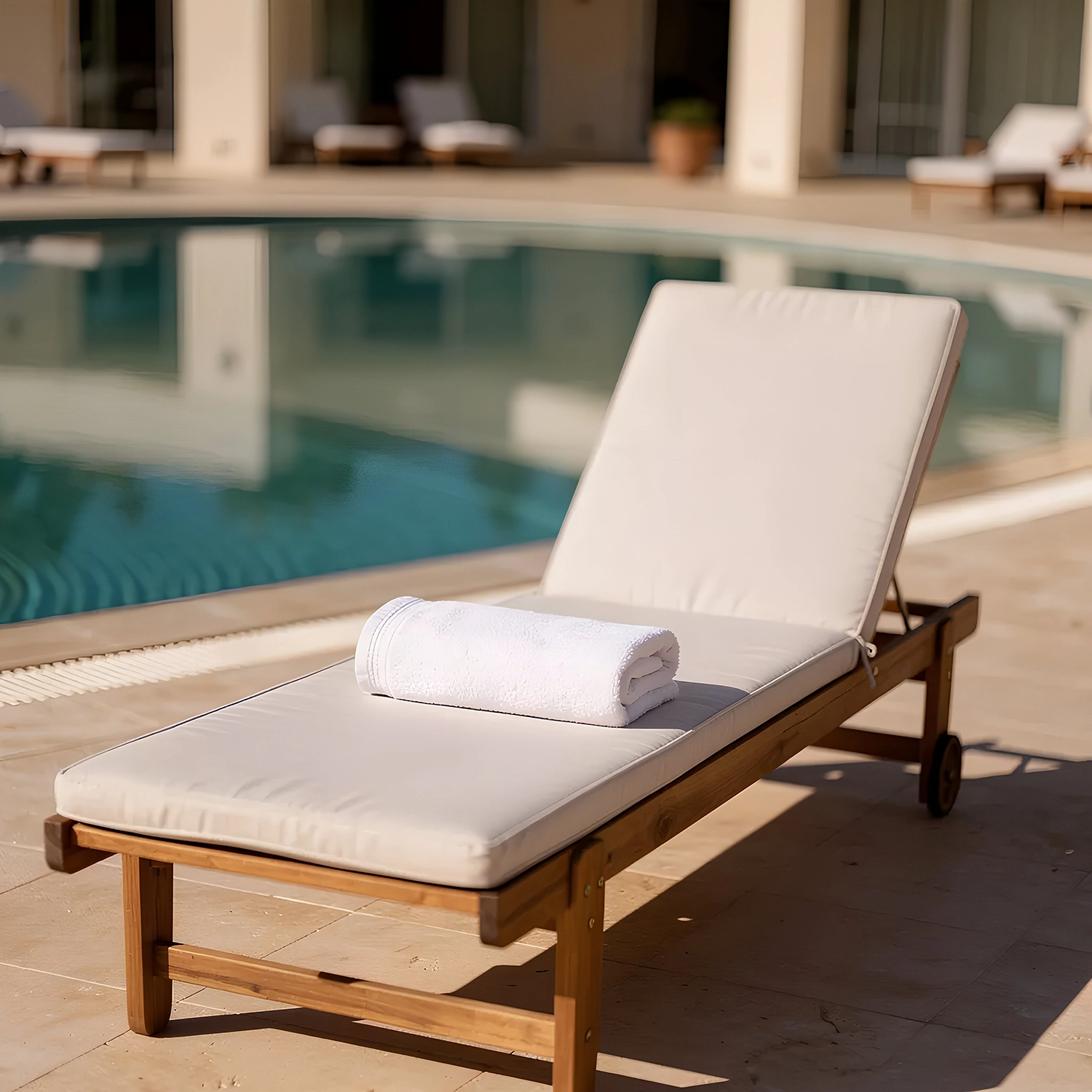 Transat Far Niente en bois avec matelas couleur sable clair au bord d’une piscine. Bleu Soleil, l'esprit Méditerranée.